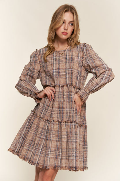 Spirit and Rebel Plus Size Washed Frayed Tiered Plaid Dress [Spirit and Rebel] Brown S 