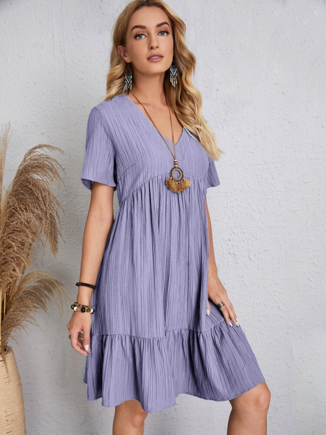 Plus Size V-Neck Short Sleeve Boho Dress - Spirit and Rebel [Spirit and Rebel] Lavender S 