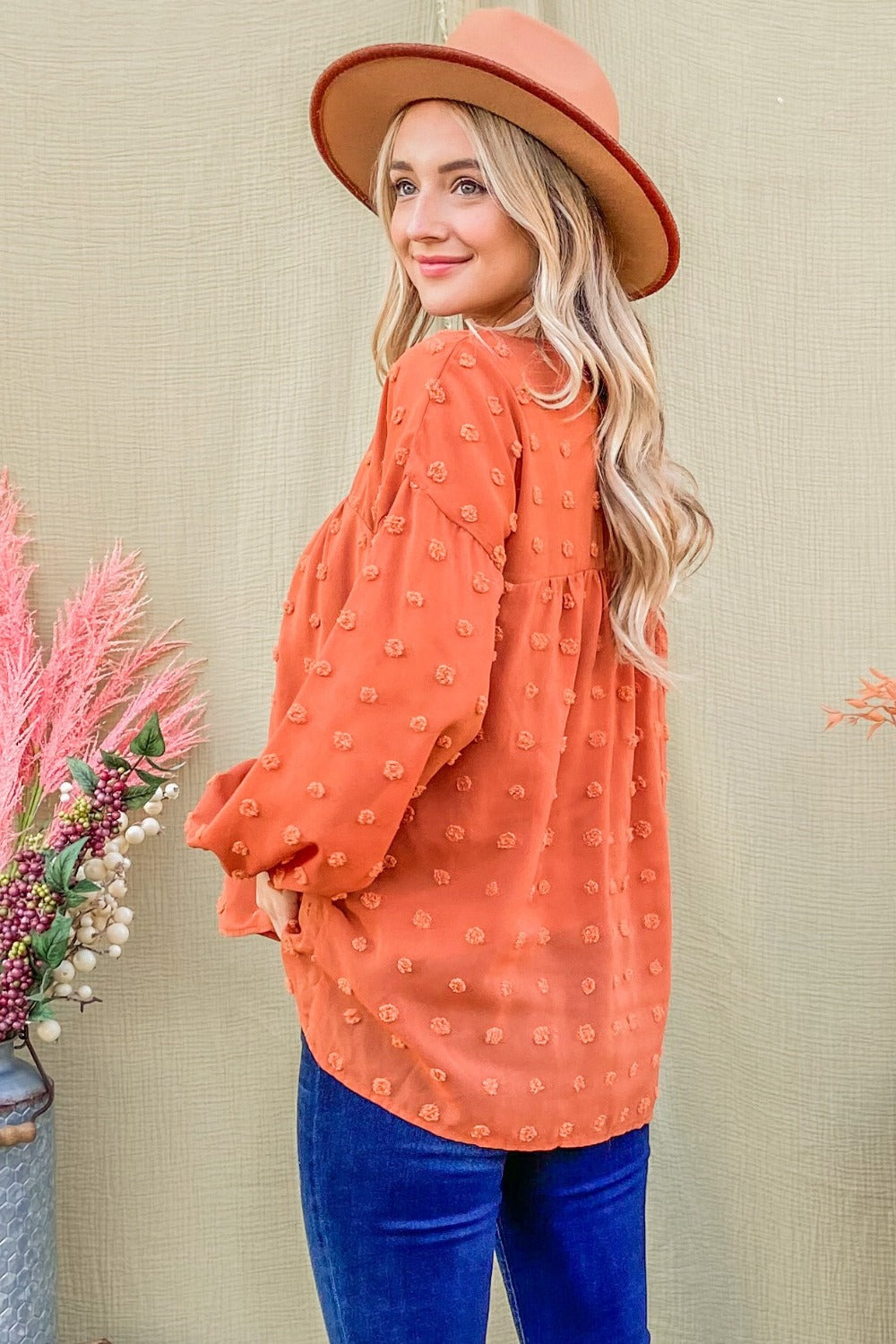 Spirit and Rebel Swiss Dot V Neck Balloon Sleeve Woven Bohemian Blouse [Spirit and Rebel]   