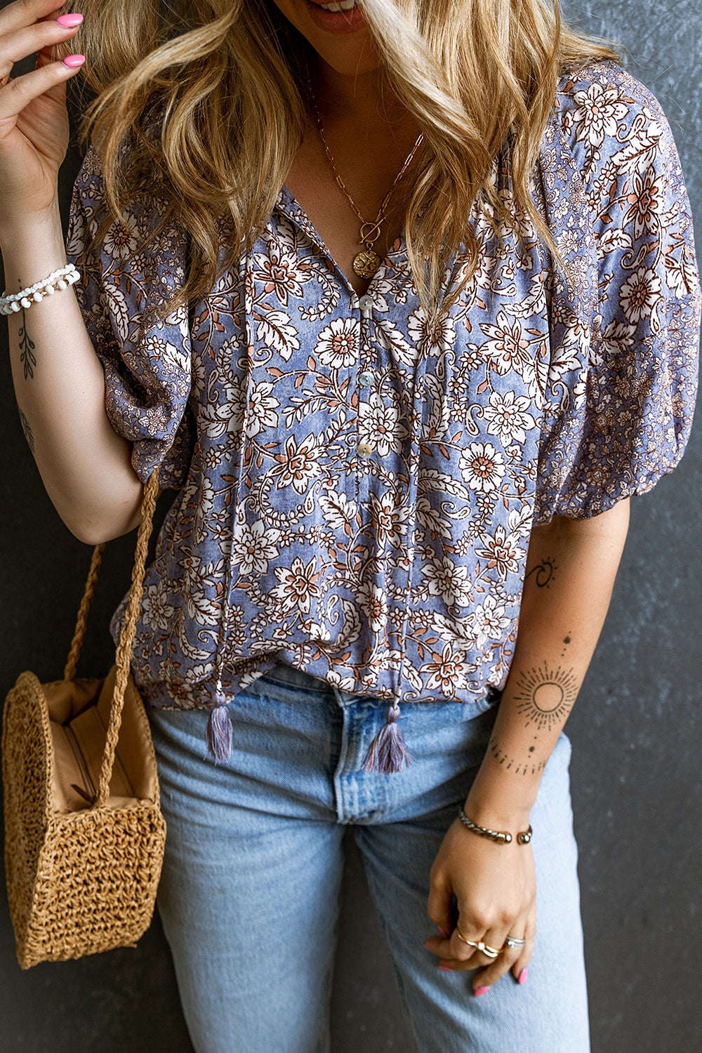 Printed Tie Neck Half Sleeve Boho Blouse - Spirit and Rebel [Spirit and Rebel]   