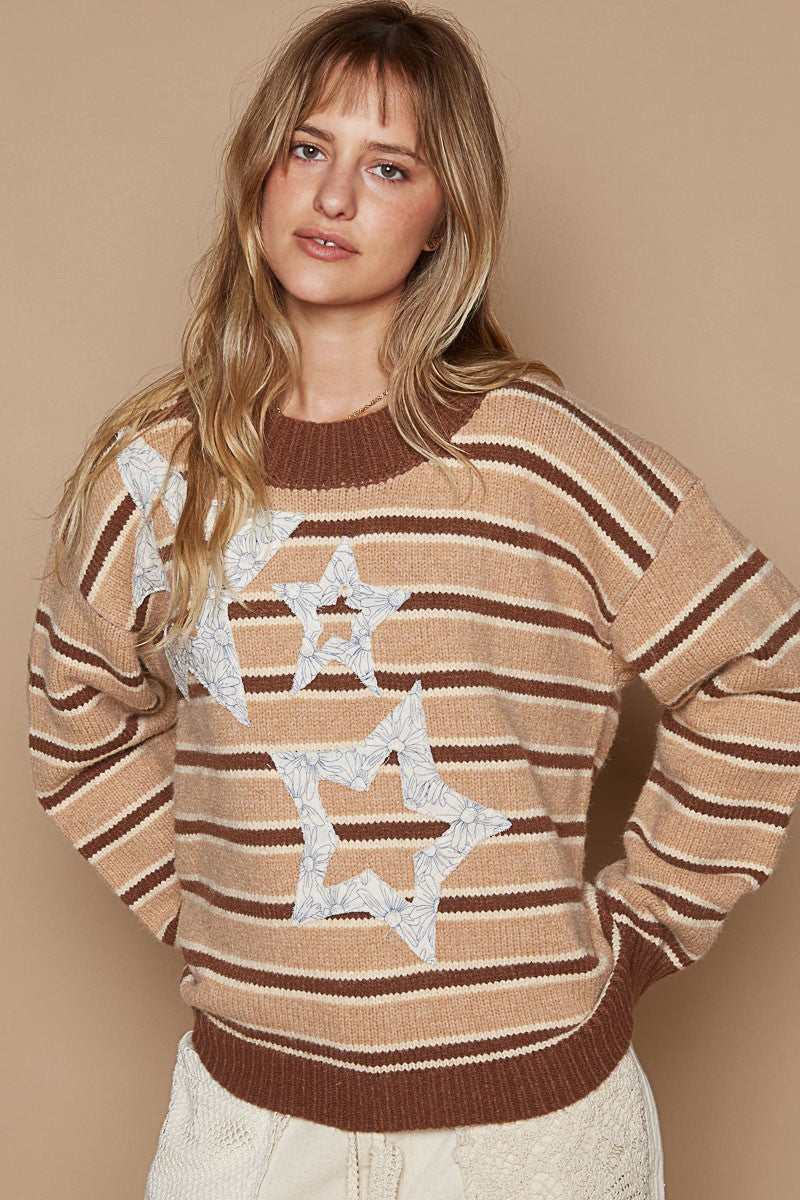 Spirit and Rebel Star Patch Stripe Round Neck Boho Sweater [Spirit and Rebel]   