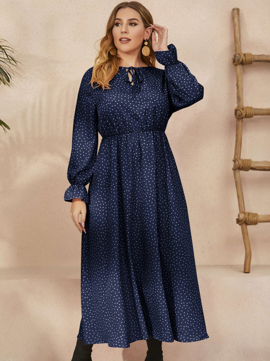 Plus Size Ruffled Polka Dot Long Sleeve Midi Dress - Spirit and Rebel [Spirit and Rebel] Navy 0XL 