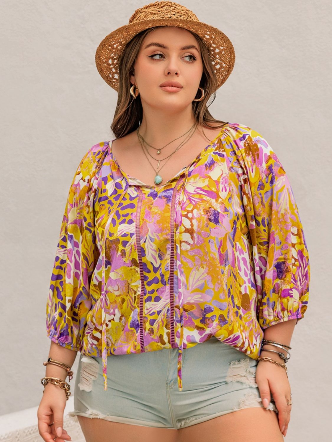 Plus Size Printed Tie Neck Boho Blouse - Spirit and Rebel [Spirit and Rebel] Moonlit Mauve 0XL 