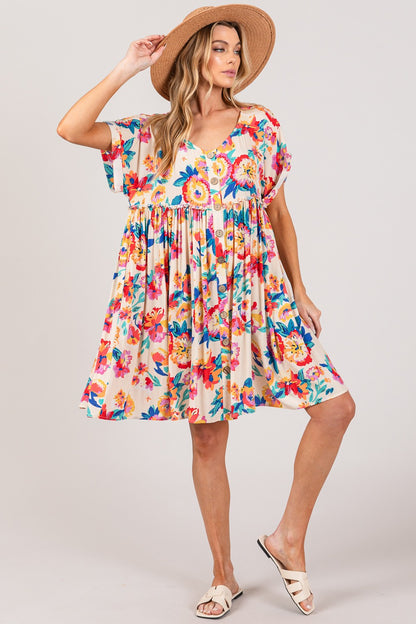 Plus Size Floral Button-Down Short Sleeve Boho Dress - Spirit and Rebel [Spirit and Rebel]   