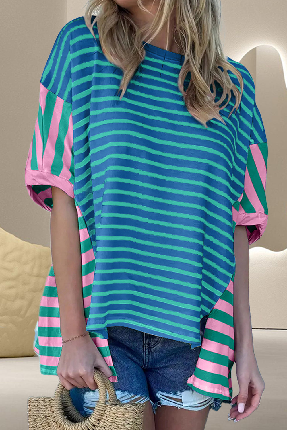 Striped Round Neck Half Sleeve Boho T-Boho Shirt - Spirit and Rebel [Spirit and Rebel] Cerulean S 