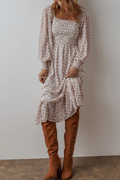 Spirit and Rebel Smocked Floral Square Neck Long Sleeve Midi Dress [Spirit and Rebel]   