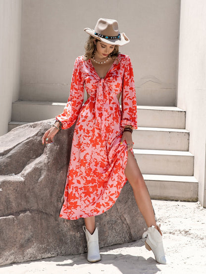 Tied Cutout Printed Long Sleeve Midi Boho Dress - Spirit and Rebel [Spirit and Rebel] Orange M 