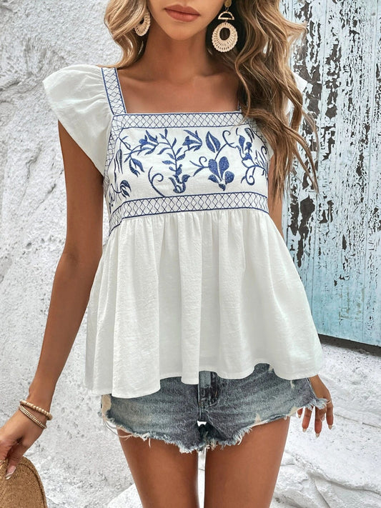 Embroidered Square Neck Cap Sleeve Boho Blouse - Spirit and Rebel [Spirit and Rebel] White S 