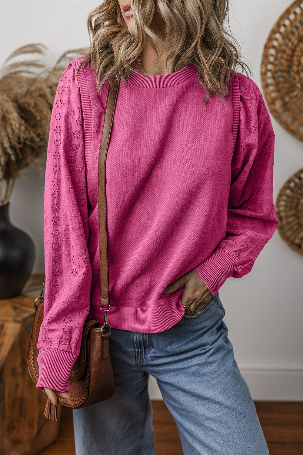 Eyelet Round Neck Long Sleeve Boho Sweatshirt - Spirit and Rebel [Spirit and Rebel] Deep Rose M 