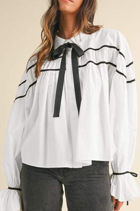 Ribbon Bowtie Collared Neck Flounce Sleeve Boho Chic Shirt [Spirit and Rebel] White S