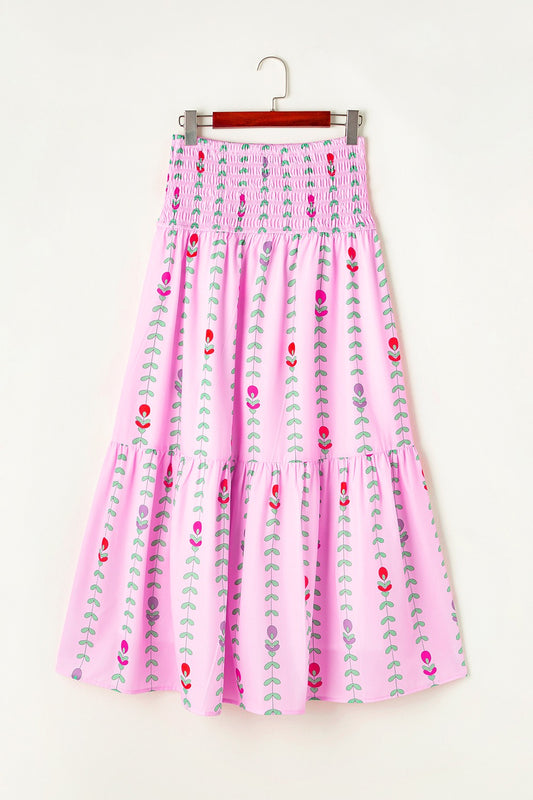 Smocked Printed High Waist Skirt - Spirit and Rebel [Spirit and Rebel] Blush Pink S 