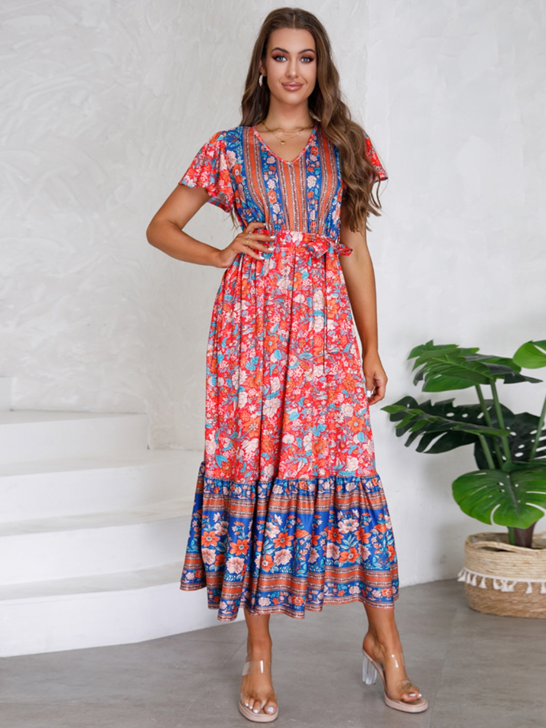 Tied Printed V-Neck Short Sleeve Boho Wedding Guest Dress [Spirit and Rebel]   