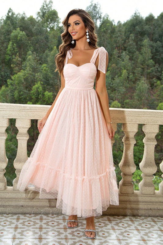 Tie-Shoulder Sweetheart Neck Boho Wedding Guest Dress [Spirit and Rebel] Blush Pink XS 