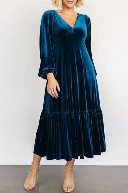 V-Neck Long Sleeve Midi Velvet Dress [Spirit and Rebel] Peacock Blue S