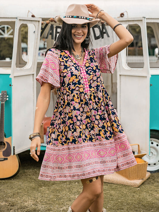 Printed V-Neck Short Sleeve Boho Dress - Spirit and Rebel [Spirit and Rebel] Blush Pink S 