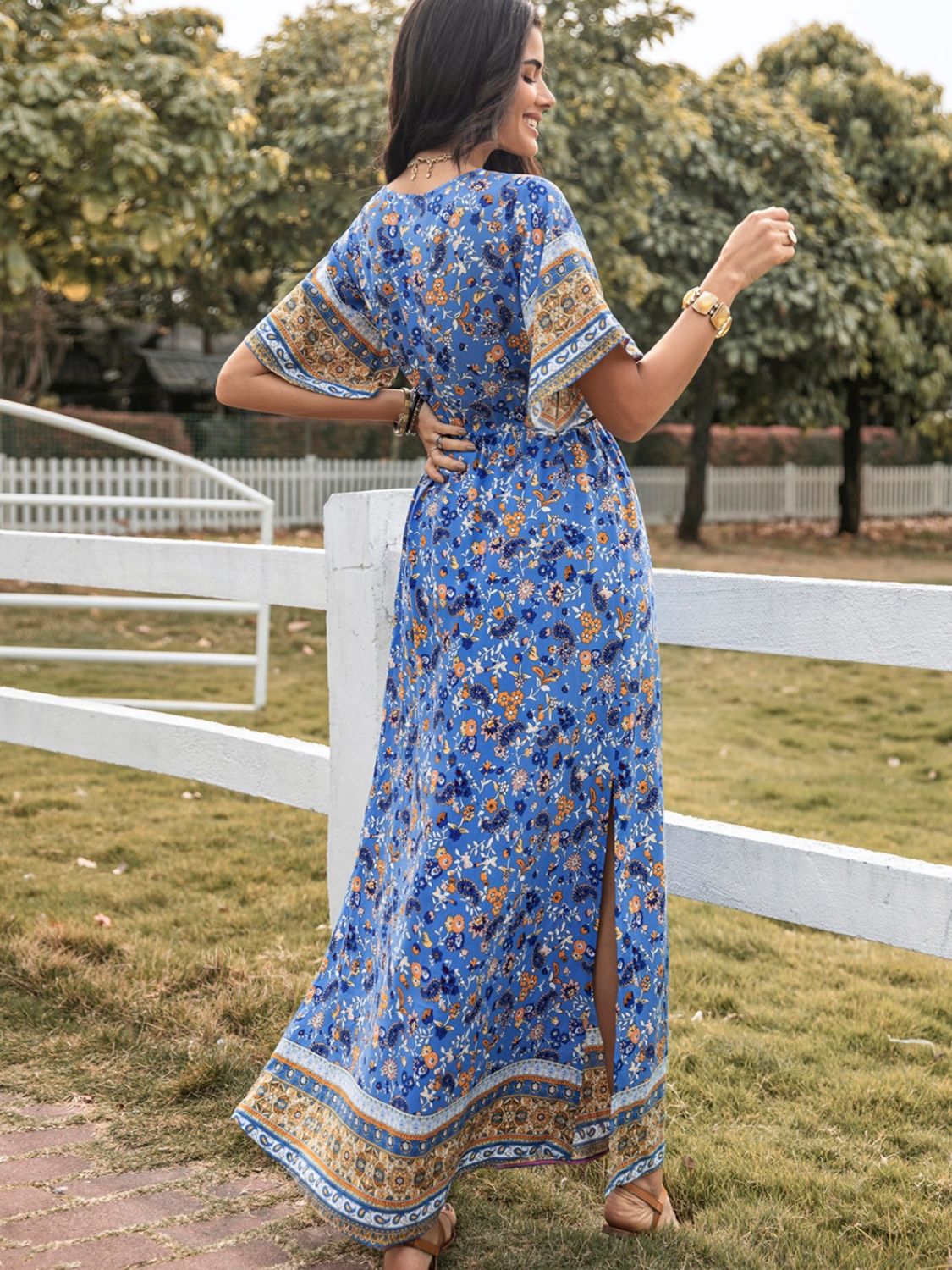 Slit Printed V-Neck Half Sleeve Maxi Boho Dress - Spirit and Rebel [Spirit and Rebel]   