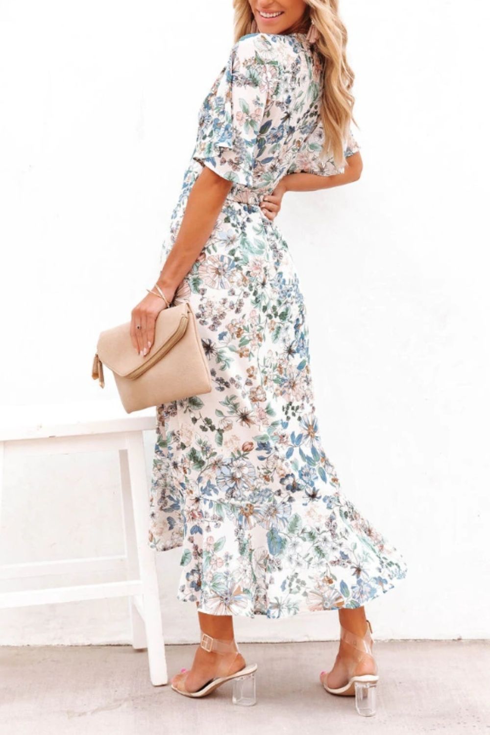 High-Low Printed Surplice Flutter Sleeve Midi Boho Wedding Guest Dress [Spirit and Rebel]   