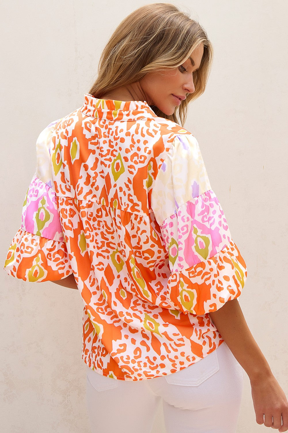 Printed Notched Half Sleeve Boho Blouse - Spirit and Rebel [Spirit and Rebel]   