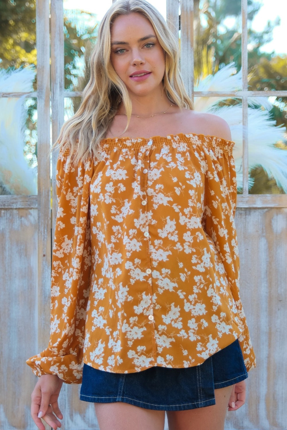 Spirit and Rebel Hailey & Co Floral Off-Shoulder Balloon Sleeve Bohemian Blouse [Spirit and Rebel] Mustard S 