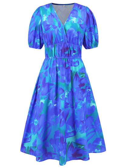 Boho Chic  Ruched Printed Surplice Short Sleeve Dress [Spirit and Rebel]   