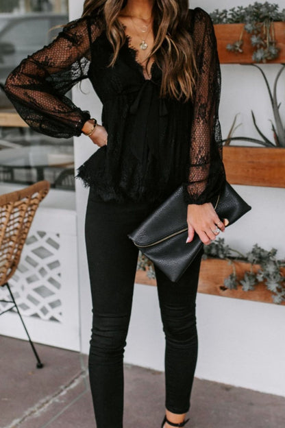 Boho Chic  Lace Detail Plunge Long Sleeve Blouse [Spirit and Rebel]   