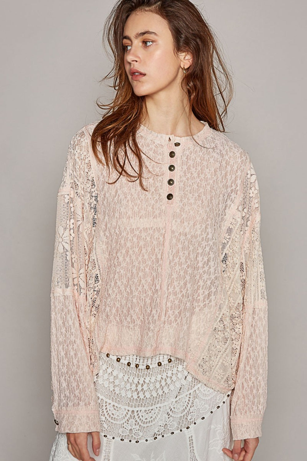 Round Neck Long Sleeve Raw Edge Lace Boho Top - Spirit and Rebel [Spirit and Rebel]   