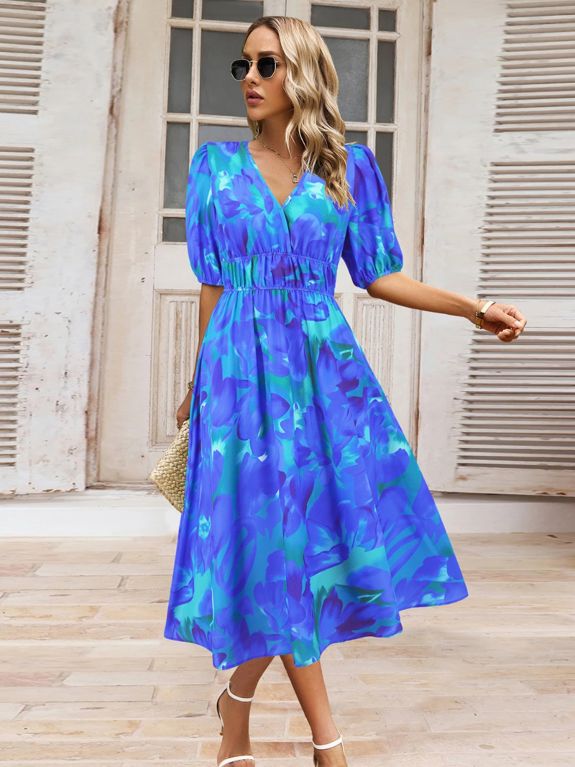 Boho Chic  Ruched Printed Surplice Short Sleeve Dress [Spirit and Rebel]   