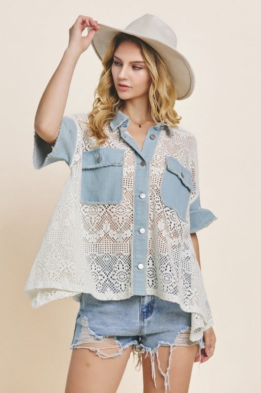 Boho Western Button Up Short Sleeve Lace Boho Shirt - Spirit and Rebel [Spirit and Rebel] Denim Ivory S 