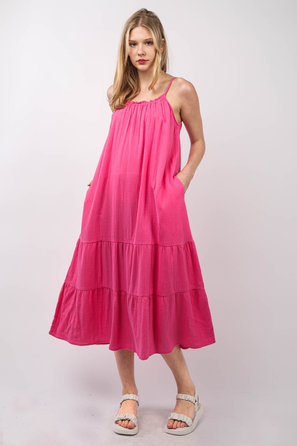 Ruffled A-Line Midi Boho Cami Boho Dress - Spirit and Rebel [Spirit and Rebel] Fuchsia S 