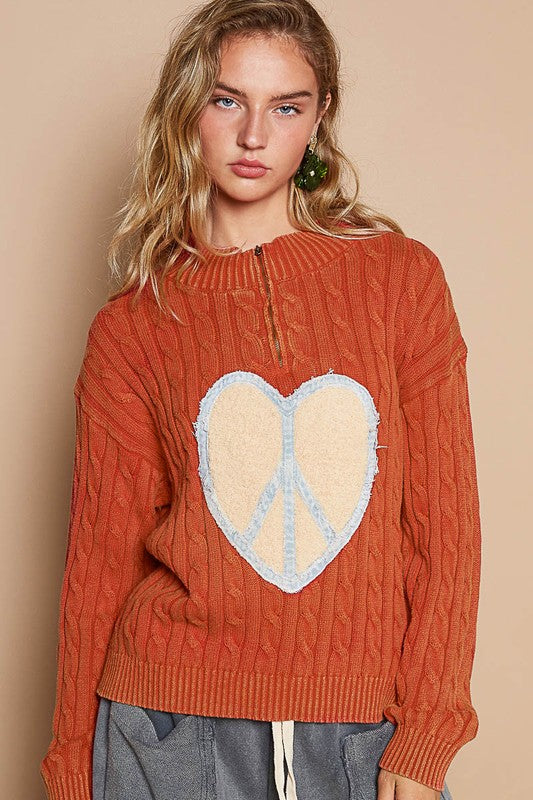 Cable-Knit Peace Patch Dropped Shoulder Sweater [Spirit and Rebel] Orange-Red S