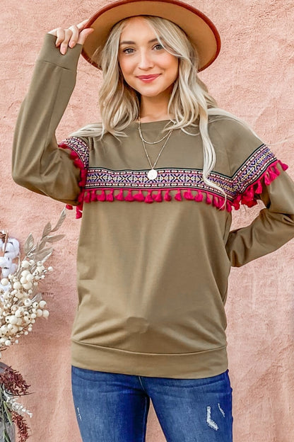 Spirit and Rebel Ethnic Ribbon Tassel Trim Boho Top [Spirit and Rebel] Olive S 