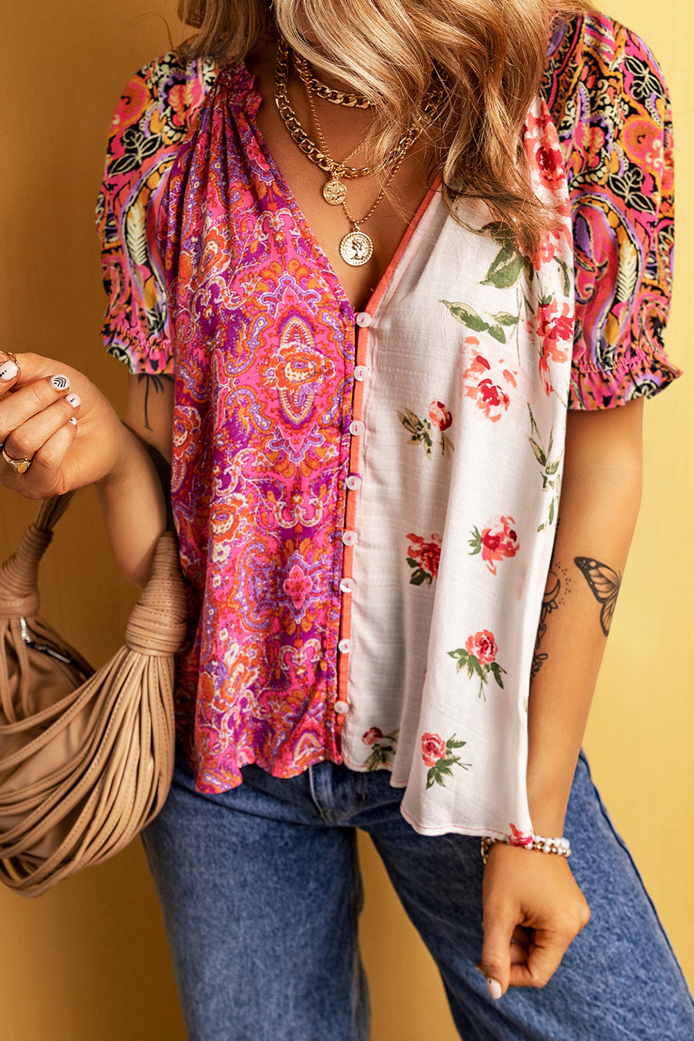 Printed V-Neck Short Sleeve Boho Blouse [Spirit and Rebel] Multicolor S 