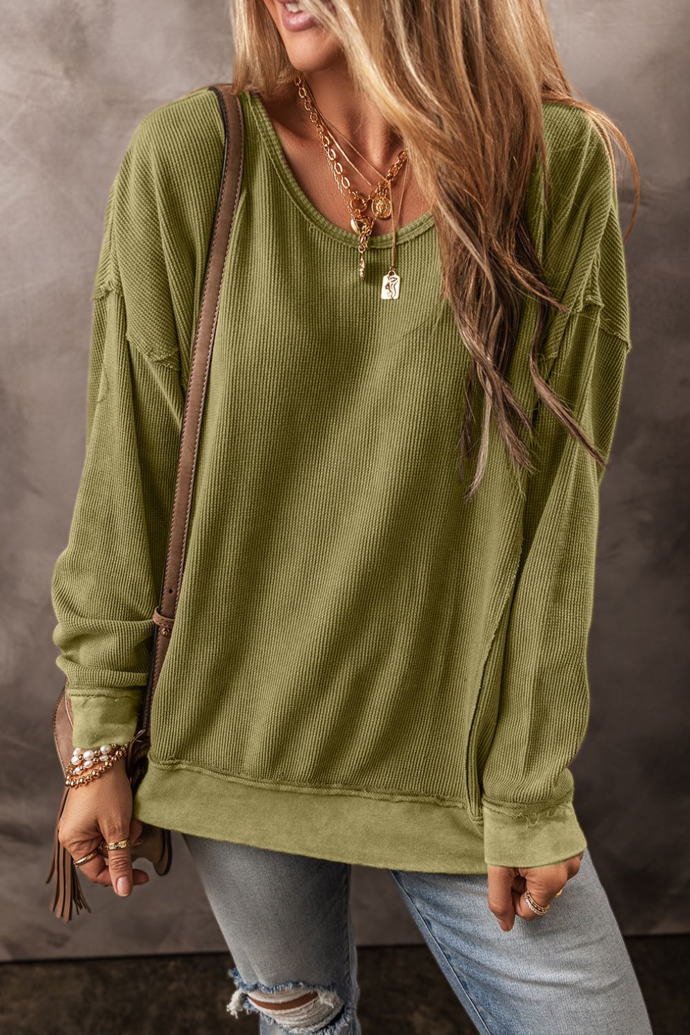 Textured Round Neck Long Sleeve Boho Sweatshirt [Spirit and Rebel]   