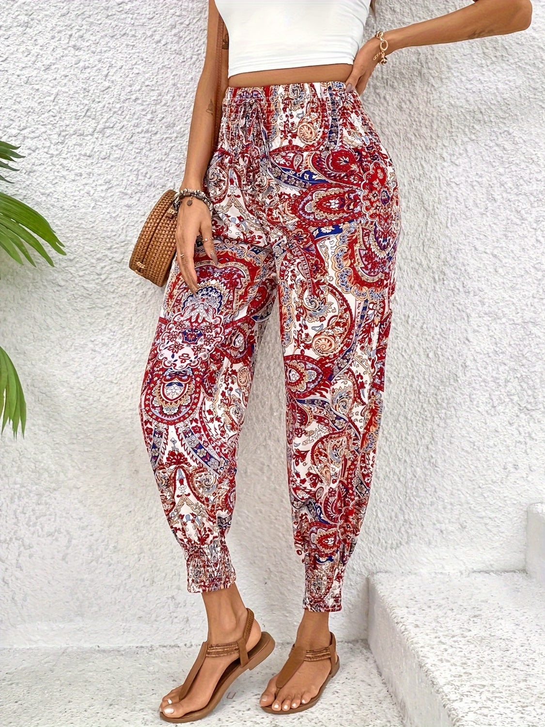 Printed High Waist Pants [Spirit and Rebel] Deep Red S 