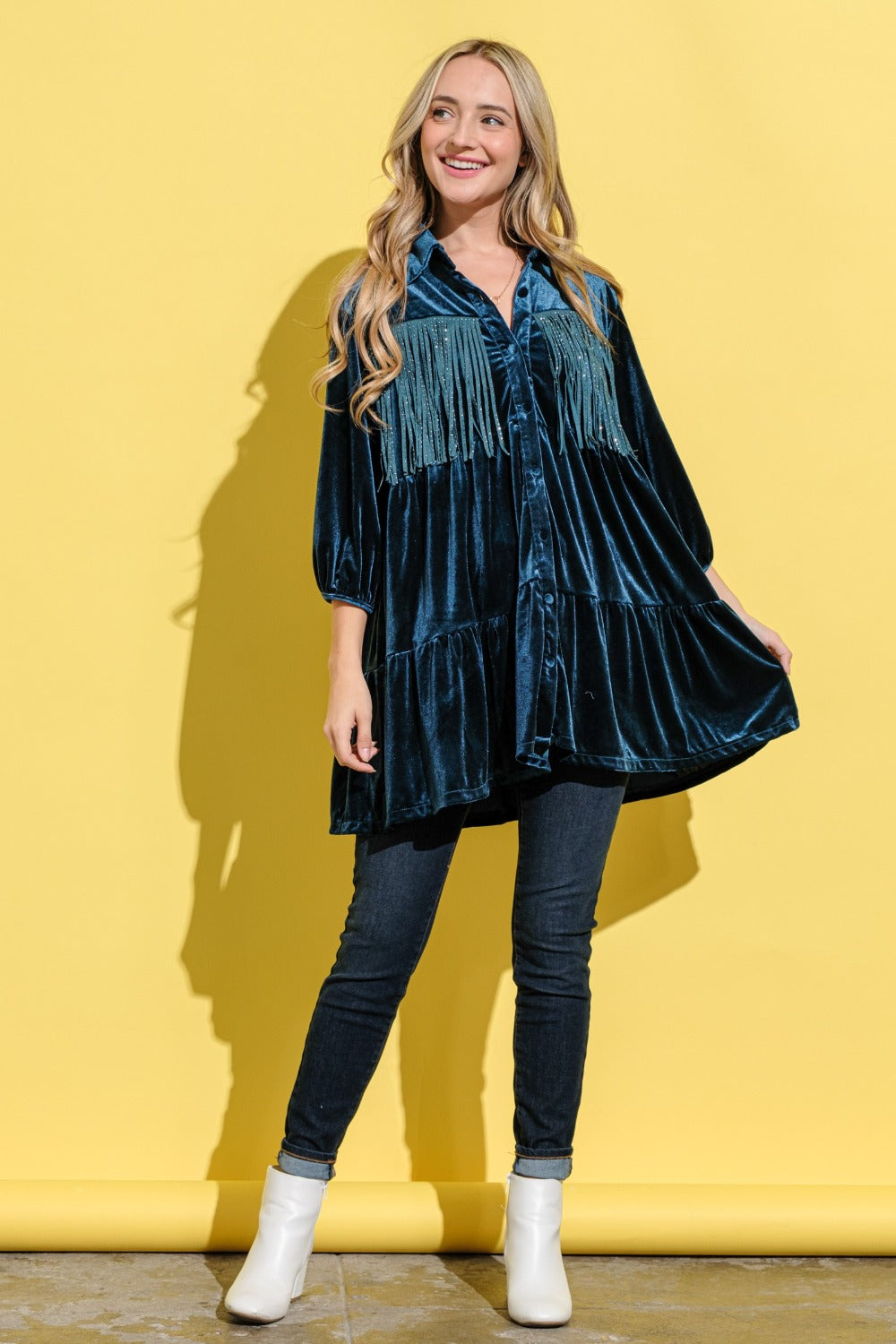 Spirit and Rebel Fringe Detailed Velvet Boho Chic Shirt Dress [Spirit and Rebel]   