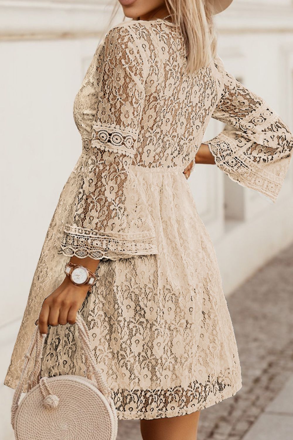 Lace V-Neck Three-Quarter Sleeve Boho Dress [Spirit and Rebel]   