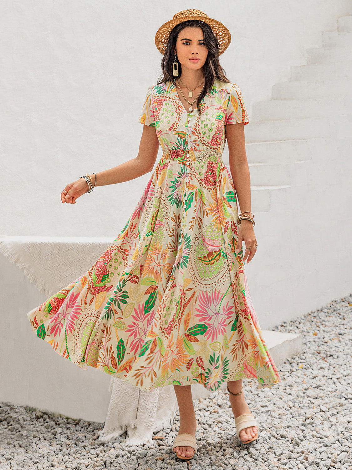 Printed V-Neck Short Sleeve Midi Boho Dress - Spirit and Rebel [Spirit and Rebel]   