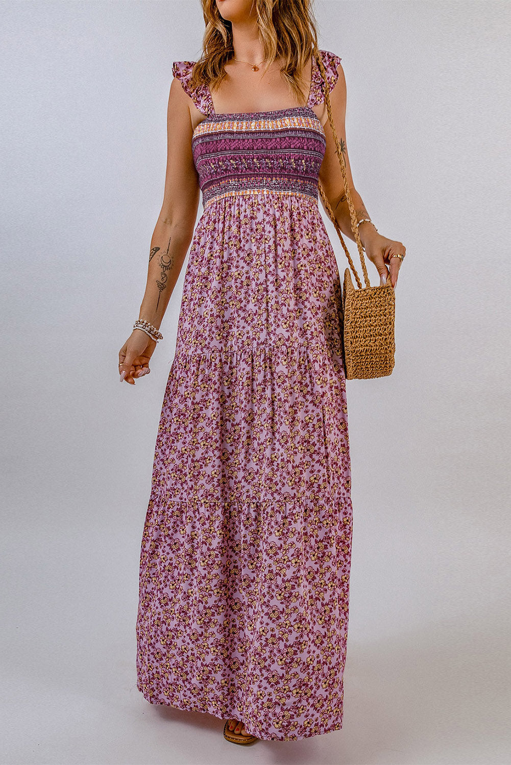 Spirit and Rebel Floral Square Neck Maxi Dress [Spirit and Rebel] Pink S 