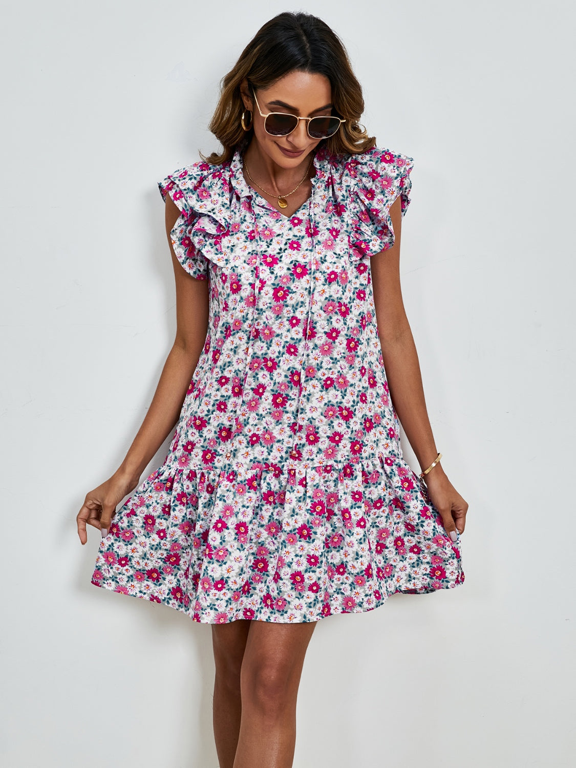 Tied Floral Cap Sleeve Mini Boho Dress - Spirit and Rebel [Spirit and Rebel] Hot Pink S 