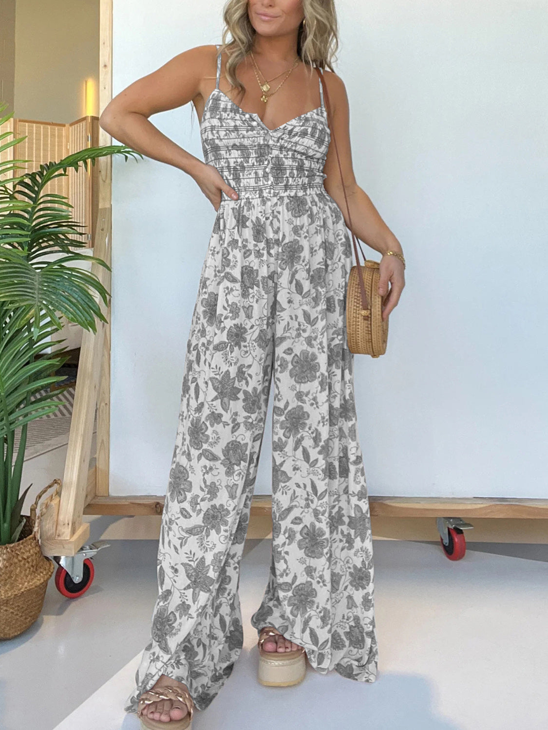 Plus Size Printed Spaghetti Strap Wide Leg Boho Jumpsuit - Spirit and Rebel [Spirit and Rebel]   