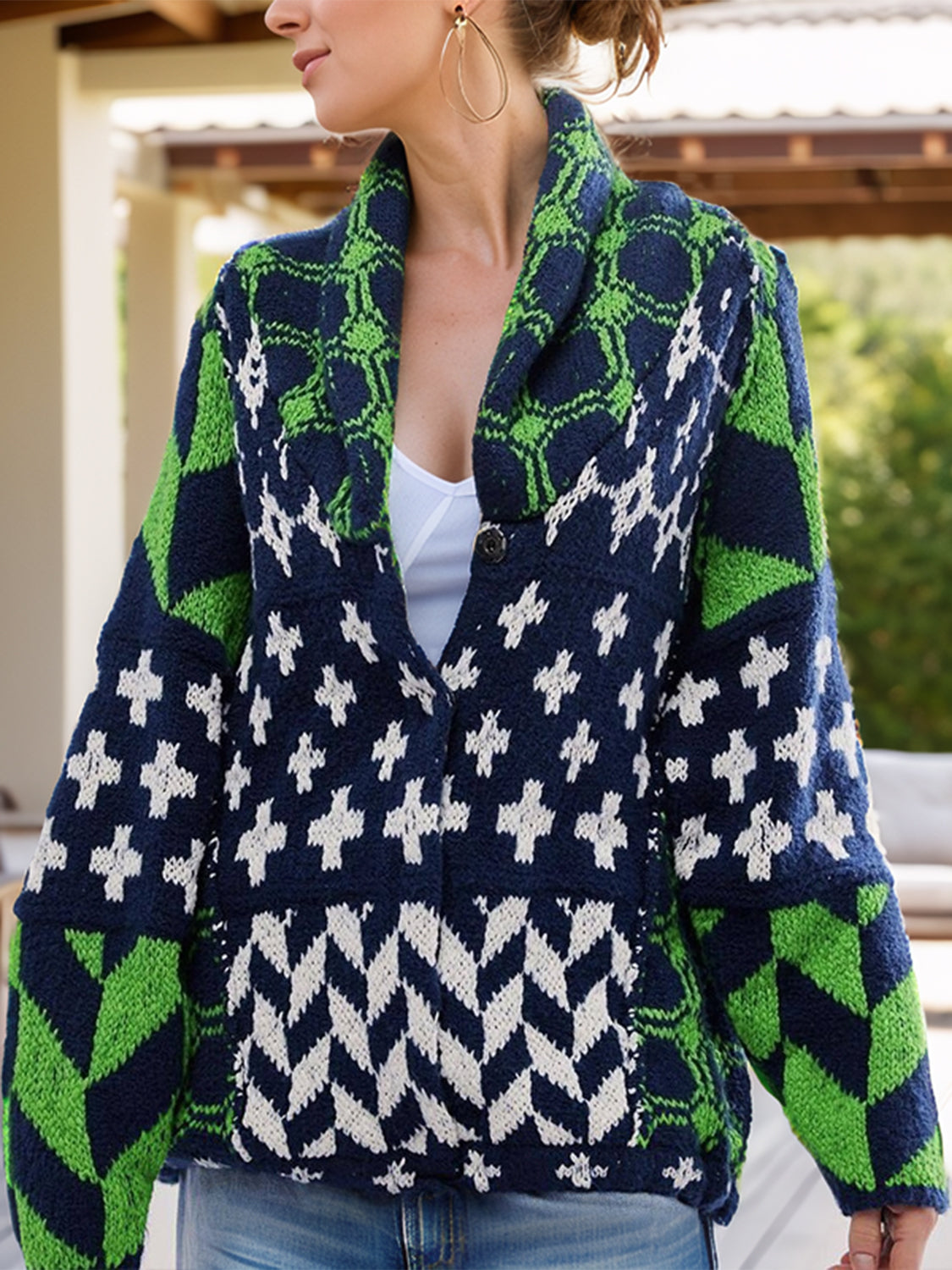 Spirit and Rebel Cross Graphic Button Up Long Sleeve Boho Cardigan [Spirit and Rebel] Green One Size 