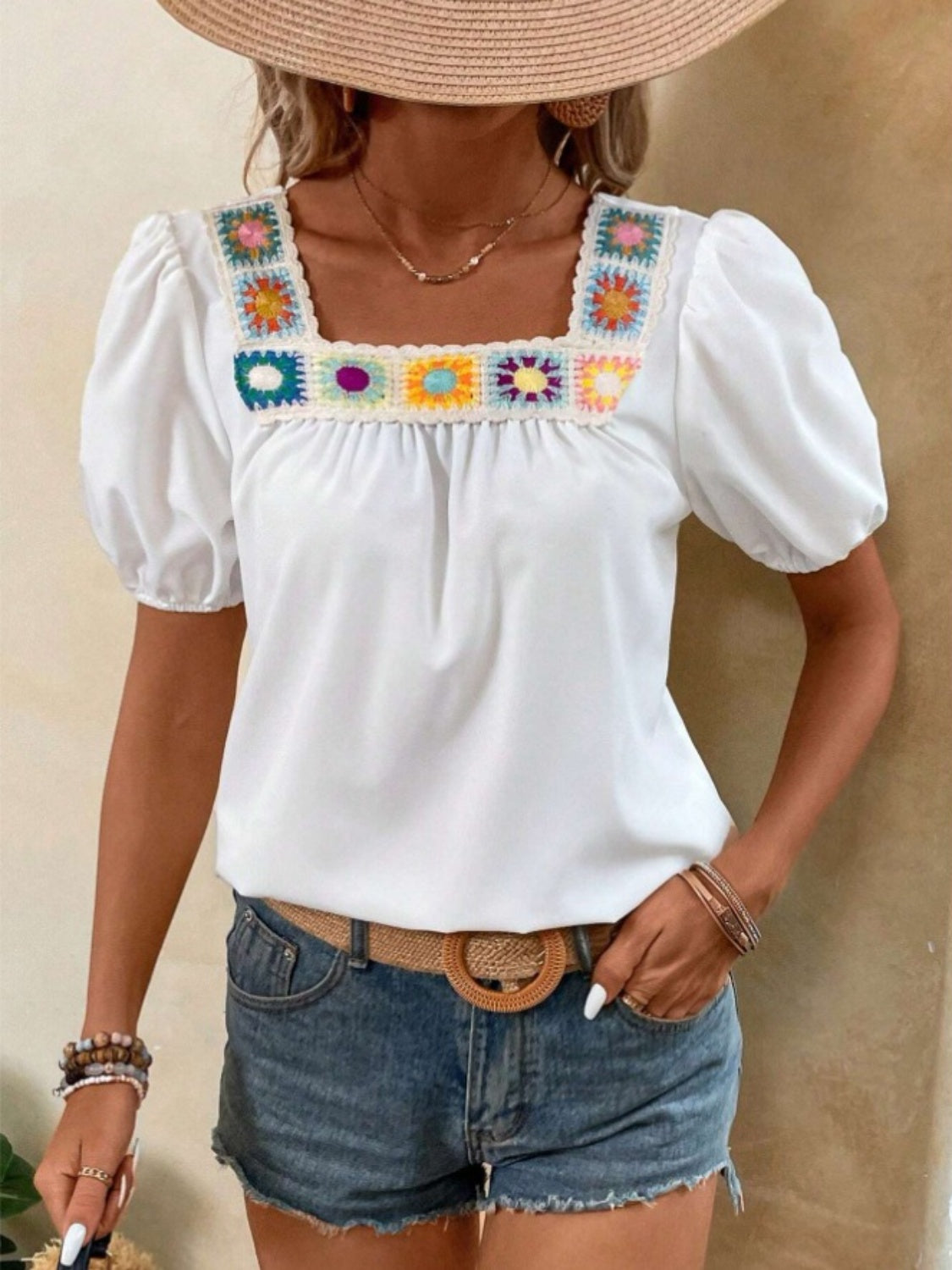 Crochet Square Neck Short Sleeve Boho Blouse - Spirit and Rebel [Spirit and Rebel]   