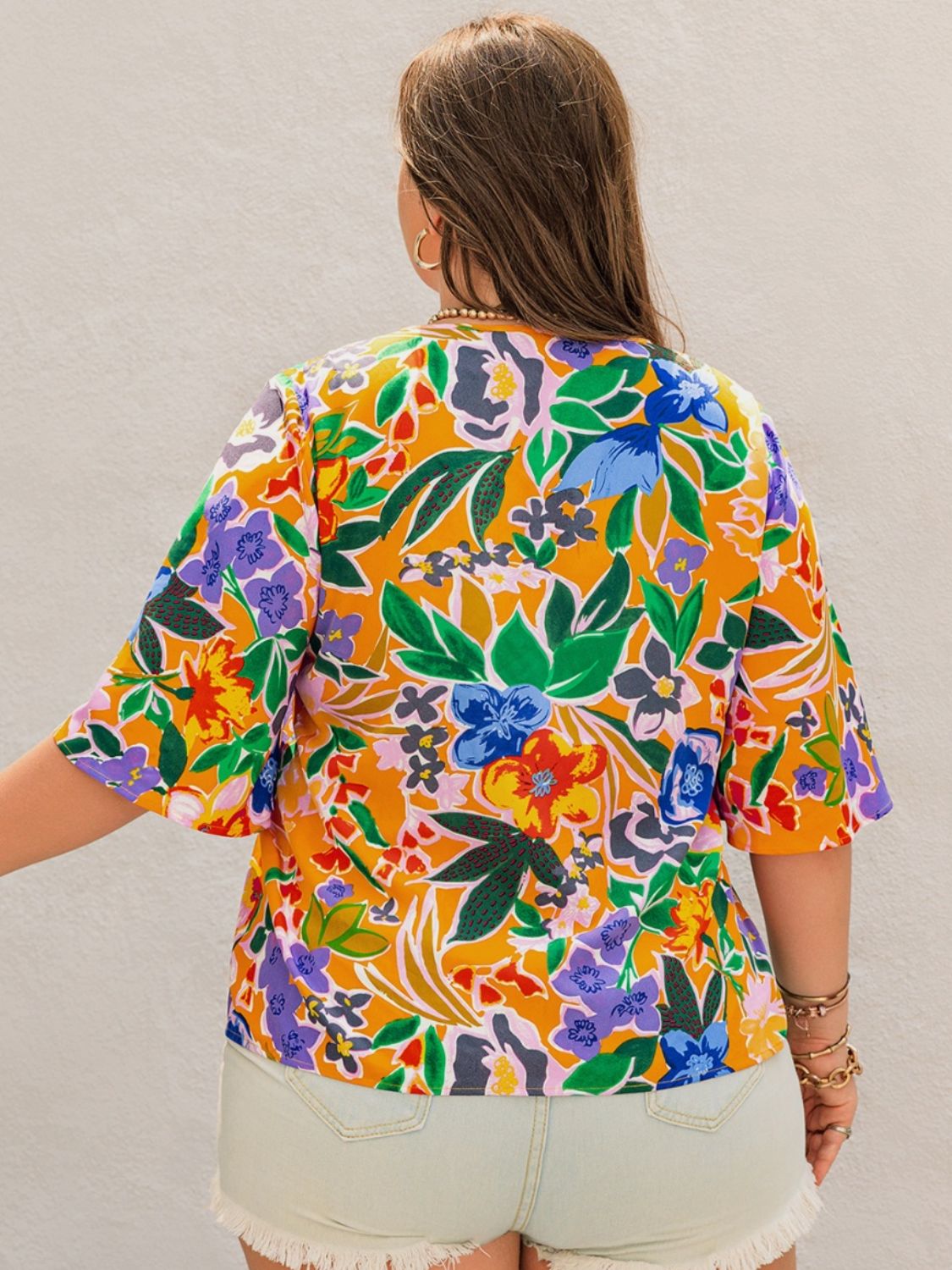 Plus Size Printed Tie Neck Half Sleeve Boho Blouse - Spirit and Rebel [Spirit and Rebel]   