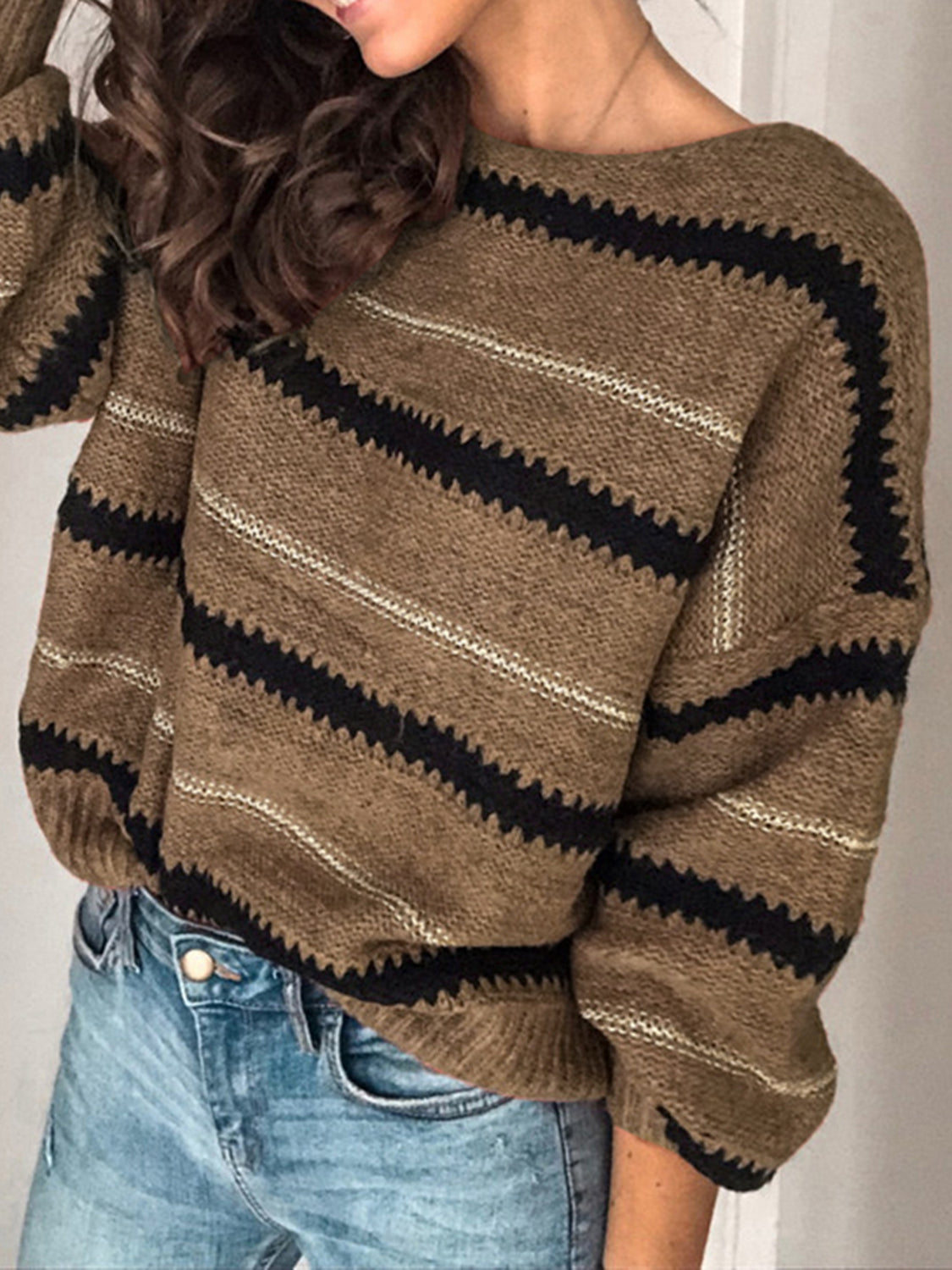 Contrast Striped Round Neck Long Sleeve Sweater [Spirit and Rebel]