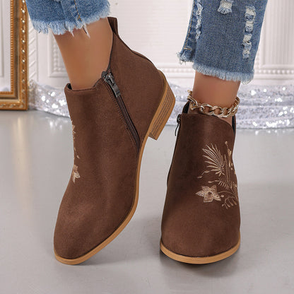 Spirit and Rebel Embroidered Suede Point Toe Block Heel Boho Boots [Spirit and Rebel]   