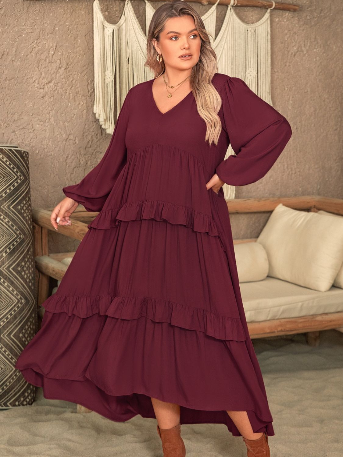 Plus Size Ruffled V-Neck Long Sleeve Dress - Spirit and Rebel [Spirit and Rebel]   