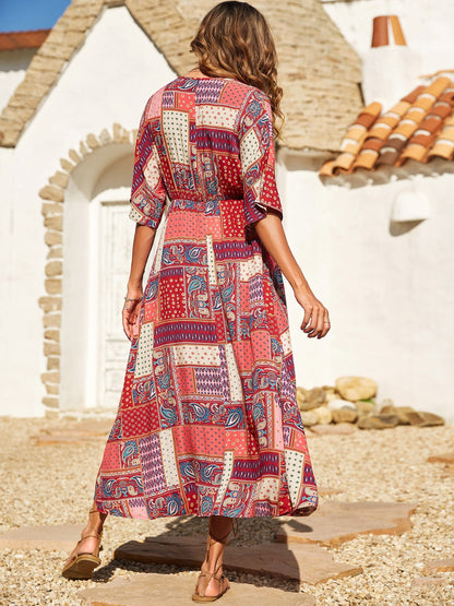 Printed Half Sleeve Midi Boho Dress - Spirit and Rebel [Spirit and Rebel]   