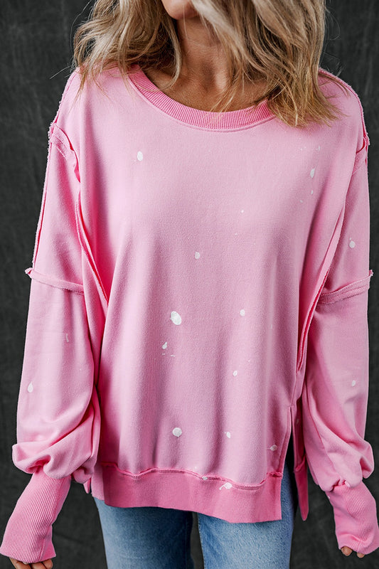 Exposed Seam Round Neck Long Sleeve Boho Sweatshirt - Spirit and Rebel [Spirit and Rebel] Pink S 