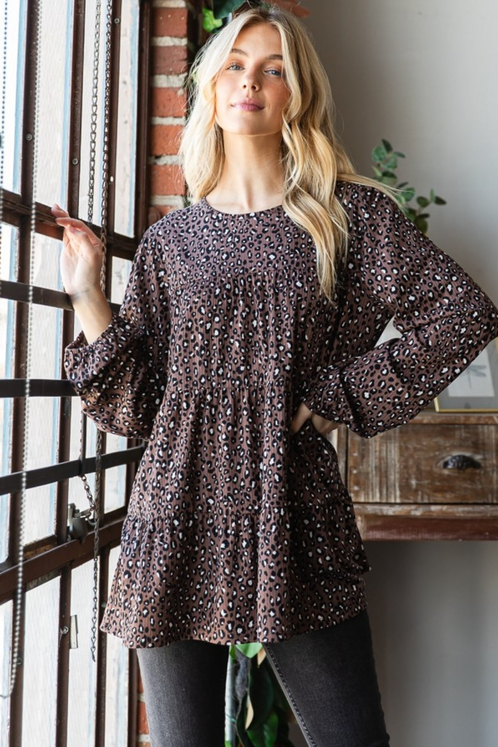 Spirit and Rebel Heimish Leopard Long Sleeve Tiered Bohemian Blouse [Spirit and Rebel] Mocha S 