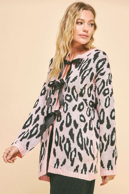 Leopard Ribbon Tie Front Loose Fit Cardigan [Spirit and Rebel]